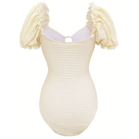 Boho Scoop Neck Puff Sleeve Cut out One Piece Swimsuit Monokini - Picture 5 of 8